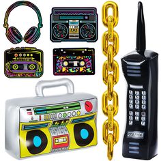 PRICES MAY VARY. Vintage Decorations: Set of 26 80s and 90s themed decorations including inflatable radio boombox, mobile phone, cutouts and balloons for retro party decor Durable Materials: Made from PVC, aluminum foil, paper and plastic for long-lasting use and easy storage Realistic Designs: Inflatable phone and boombox feature printed keys and antenna, while cutouts come in various shapes like headphones, radio and tape Vibrant Colors: Gold-colored decorations add a pop of color and nostalgi 90s Props, Chain Balloons, 90s Decorations, 90s Theme Party Decorations, 90s Party Decorations, Headphone Decoration, 80s Party Decorations, 80s Birthday Parties, Hip Hop Birthday