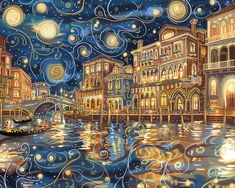 a painting of a night scene with gondolas and lights on the water in venice, italy