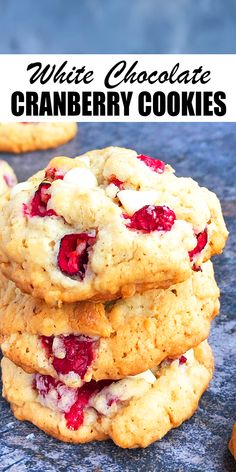 white chocolate cranberry cookies stacked on top of each other with text overlay