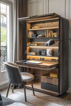 a desk and chair in front of a bookcase with shelves full of books on it