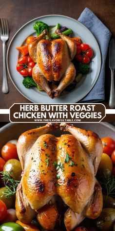 two different images of roasted chicken and vegetables