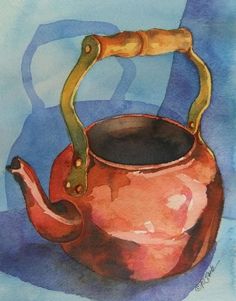 a painting of a teapot with a wooden handle