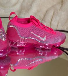 Custom Hand Jeweled Air VaporMax Sneakers w/ Ultra-Premium SWAROVSKI Crystals!  ★ STYLE:  WOMEN'S Authentic AIR VAPORMAX Running Shoes  ★ Color for THIS listing: >> Hyper PINK OTHERS listed in our shop include: (1) Multicolor: Pink, Blue, Blk (2) LILAC/Black/Blue (2) BLACK BLING Placement OPTIONS: 💎  Outer 2 sides swoosh logos: Approx. 100 Crystals per logo.  💎 All 4 logos (inner 2 + outer 2) = About 400 crystals 💎 Bubble Heels: Approx. 300 crystals per heel *Both heels = About 600 crystals 💎 Just Strip down center of Heels (No heel bubble design) + ALL 4 swoosh logos + WAVE on the outer 2 sides ➤ 1,000+ Crystals  See first few pics QUESTIONS:  Message before ordering. ★ Six different sizes of these Ultra-Premium Crystals are personally hand placed and glued carefully and precisely wit Colorful Gym Shoes, Pro Logo, Comfy Travel Outfit, Pink Nike Shoes, Iridescent Color, Bubble Design, Sparkly Shoes, Custom Bling, Crystal Pattern