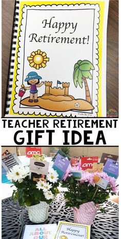 teacher retirement gift idea with flowers in vases and an open book on the table