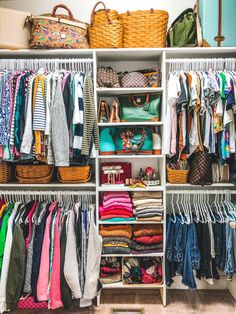 an organized closet with clothes and handbags