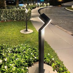 an outdoor light that is on the side of a road at night with grass and bushes around it