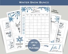 the winter snow bunco printable game is shown in blue and white with text that reads