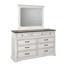 a white dresser with a mirror above it and drawers below the drawer, on a white background