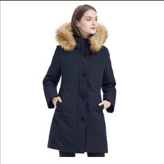 Valuker Women's Waterproof Thickened Down Parka Coat With Fur 90% Down Coat Brand New Winter Raincoat With Pockets, Navy Waterproof Outerwear For Fall, Winter Raincoat For Cold Weather, Solid Winter Raincoat For Cold Weather, Winter Outerwear For Rainy Weather, Navy Winter Raincoat For Outdoor Use, Navy Winter Outdoor Raincoat, Navy Windproof Outerwear For Winter, Navy Hooded Raincoat For Winter