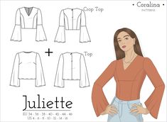 a woman's top and blouse sewing pattern with the measurements for her size, from front to back