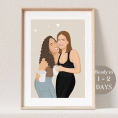 two women hugging each other with the words ready in 1 - 2 days above them