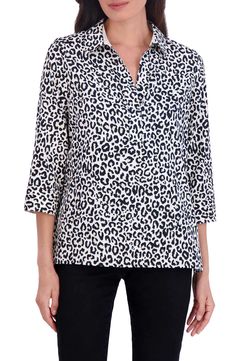 A mesmerizing leopard print lends bold style to a soft cotton shirt fashioned with a smart spread collar and three-quarter sleeves. 24" length (size Small) Spread collar Three-quarter sleeves with button cuffs 100% cotton Machine wash, tumble dry Imported Relaxed Fit Printed Tops With 3/4 Sleeves, Printed Tops With Relaxed Fit And 3/4 Sleeve, Casual Collared Leopard Print Tops, 3/4 Sleeve Shirt For Fall Daywear, Spring Leopard Print Relaxed Fit Top, Summer Leopard Print Top For Work, Leopard Print Summer Workwear Top, Leopard Print Tops For Summer Workwear, Leopard Print Relaxed Fit Top For Spring