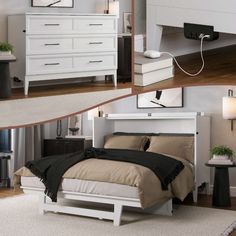 three different pictures of a bedroom with white furniture and accessories, including a bed frame