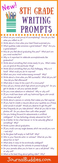 an orange and white poster with the words,'new 8th grade writing prompts '