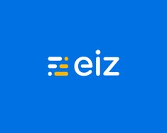 the eiz logo is shown in white and yellow on a blue background with an orange stripe