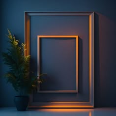 an empty frame next to a potted plant in a dark room with blue walls