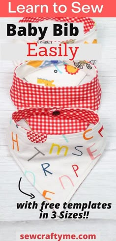 three baby bibs with the words learn to sew on them in red and white