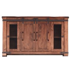 the sideboard is made out of wood and has metal bars on one end, and two