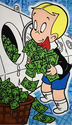 a painting of a boy throwing money into a washing machine