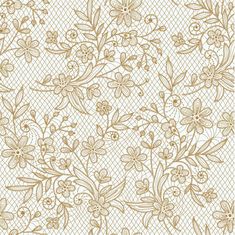 a white and gold wallpaper with floral designs on the side, along with mesh netting