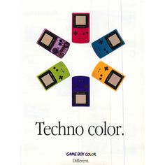 an advertisement for the nintendo game boy color system, featuring five different colors and shapes