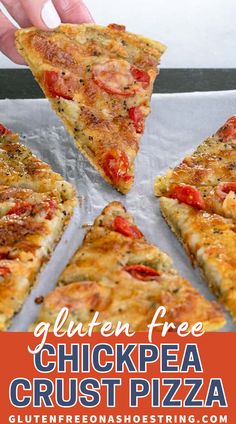 there are four slices of chicken crust pizza on top of each other with the words gluten free chickpea crust pizza