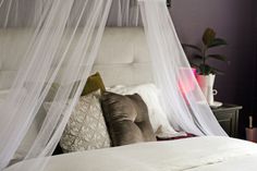 a bed with a white canopy over it's headboard and pillows on top of it