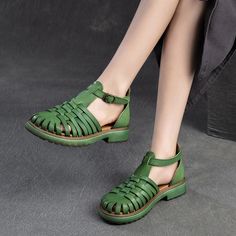 Gender: Women Type: Sandals Main Materials: Cowhide Insole: PU Sole: PVC Type of Closure: Buckle Style: Daily, Casual, Retro Season: Summer Heel Height: Low (3.5 cm) Summer T-strap Sandals With Leather Footbed And Round Toe, Green Buckle Slingback Sandals For Summer, Summer Green Slingback Sandals With Buckle, Green Buckle Closure Slingback Sandals For Summer, Green Leather Slingback Sandals For Beach, Casual Green Heels With Round Toe, Spring T-strap Sandals With Leather Sole And Round Toe, Spring T-strap Sandals With Heel Loop And Round Toe, Spring Slingback Sandals With Heel Loop And Round Toe