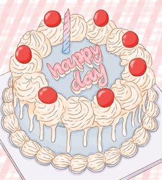 a happy birthday cake with candles and cherries on the top is shown in this drawing