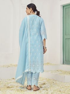 Blue Cotton Pant Suit with Lakhanvi Style Boring Embroidery  Processing Time : 7 Business Days Work : Lakhanvi Style Boring Embroidery  Fabric:Top : Cotton Bottom : Cotton Dupatta : Chinon Color:Top : Blue Bottom : Blue Dupatta : Blue Salwar Kameez Mens, Patiyala Dress, Dress Saree, Lehenga Suit, Straight Cut Pants, Cotton Dupatta, Designer Kurti, Smart Dress, Wedding Function