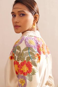 Chandrima | Ivory Applique Shirt Dress | INDIASPOPUP.COM Embroidered Collar Shirt, Magenta Outfit, Shirt Dress For Women, Floral Embroidered Shirt, Blouse Yoke, Embroidered Shirt Dress, Kimono Shirt, Denim Maxi Dress, Ivory Fabric