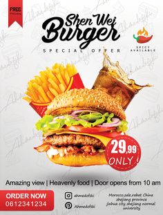 an advertisement for a burger restaurant with the image of a large hamburger and fries on it