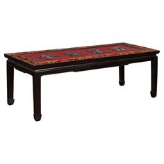 A Chinese antique shop sign with gold and red décor, turned into a coffee table with black horse hoof legs. Created in China, this coffee table captures our immediate attention with its striking red textured ground highlighting black calligraphy, the edges adorned with carved gilt motifs. Ready for a glass top, this waisted top has been mounted on a black lacquered base with horse hoof legs. With its exquisite décor and complimenting colors, this antique Chinese shop sign made into a coffee table will be a great focal point in any living room. Chinese Coffee Table, Exquisite Decor, Black Coffee Tables, Red Decor, Coffee And Cocktail Tables, Black Horse, Chinese Antiques, Antique Shops, Cocktail Tables