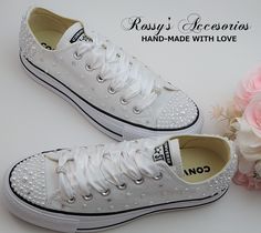 "Beautiful and Romantic wedding sneaker are a perfect accessories for your Special day..These Wedding Chuck Taylor All Star White Color Low Top Converse Sneakers , are embellished with Pearls and Clear Crystal on the Toe and Back , with a White Satin Ribbon shoe lace for tying. This Chuck Taylor All Star Monochrome Low Top runs a half-size large. Handmade to order, so please allow me enough time before your wedding date. Orders are processed and shipped within 5-6 WEEKS of payment., large orders Wedding Converse Shoes, Converse Shoes Custom, Wedding Sneakers For Bride, Ribbon Shoe Laces, Artsy Shoes, Wedding Vans, Converse Wedding, Bridal Converse, Converse Wedding Shoes