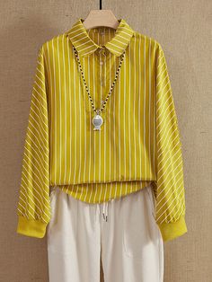 Hot Sale Yellow Collared Neckline Stripe Buttons Casual Long Sleeves Shirts & Tops for Women, Multi sizes for choice, please check the Size Chart carefully before you buy the item. +Please note that slight color difference should be acceptable due to the light and screen. Striped Tops With Button Cuffs And Relaxed Fit, Fall Striped Tops With Collar, Casual Striped Blouse With Button Cuffs, Casual Blouse With Buttons, Casual Blouse With Buttons And Casual Collar, Spring Long Sleeve Top With Placket, Casual Long Sleeve Tops With Button Cuffs, Relaxed Fit Long Sleeve Tops With Buttons, Striped Button Blouse For Fall