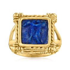 Italian Tagliamonte Lapis Cameo Ring in 18kt Yellow Gold Over Sterling. Size 6. From Italy, we present this touching Tagliamonte ring. An 11x11mm square lapis cameo depicts the loving embrace of a couple in an ornate frame of 18kt yellow gold over sterling silver. 5/8" wide. Natural pyrite flecks will vary. Tagliamonte lapis cameo ring. Loving Embrace, Italian Gold Jewelry, Pearl Bracelet Gold, Cameo Pendant Necklace, Pearl Strands Necklace, Lapis Lazuli Jewelry, Lapis Ring, Gold Rings Jewelry, Cameo Ring