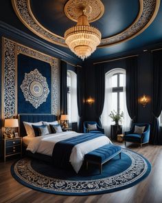 a large bedroom with blue walls and wood flooring is decorated in an elegant style