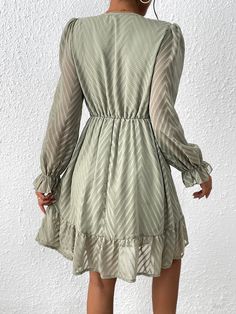 Women's Fashionable V Neck Long Sleeve Casual Dress Casual Fit And Flare Mini Dress For Winter, Casual Winter Fit And Flare Mini Dress, Winter Casual Fit And Flare Mini Dress, Casual Long Sleeve Ruffled Dress For Spring, Spring Fit And Flare Long Sleeve Mini Dress, Flowy A-line Mini Dress For Fall, Spring Fit And Flare Mini Dress With Long Sleeves, Casual A-line Long Sleeve Dress For Party, Trendy Green Fall Dress