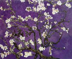 a painting of a tree with white flowers in front of a purple background that looks like it has been painted