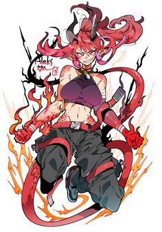 an anime character with red hair and tattoos on her body, sitting in front of flames