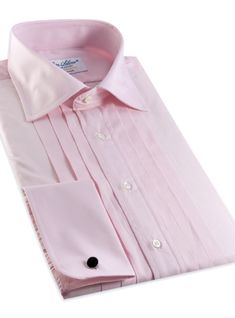 Pink Pleated Tuxedo Shirt Pink Fitted Formal Shirt, Elegant Fitted Pink Dress Shirt, Elegant Fitted Pleated Shirt, Classic Pink Business Shirt, Elegant Pink Shirt With Spread Collar, Classic Pink Fitted Dress Shirt, Classic Pleated Shirt For Formal Occasions, Elegant Pink Dress Shirt For Work, Elegant Pink Dress Shirt For Semi-formal Occasions