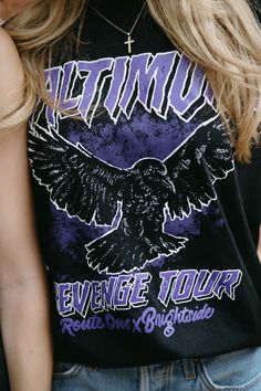 Gear up for the season in style with the Can't Stop the Flock t-shirt, a must-have from the Route One x Brightside Revenge Tour collection. This classic black shirt features a dynamic design showcasing electrifying purple lettering and a flying raven, ready for revenge. Perfect for dedicated Baltimore football fans, this shirt combines comfort with style, making it ideal for game days, tailgating, or casual wear. Stand with your team and join the revenge tour movement. Get yours today and be a p Black Long Sleeve Fan Gear T-shirt, Black Rocker Graphic T-shirt, Black Cotton Rocker T-shirt, The Crow Shirt, Raven T Shirt Design, Natty Boh, Towson University, Flying Dog, Pabst Blue Ribbon