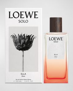 LOEWE Solo Ella Elixir Eau de Parfum expands on the original scent, with a higher concentration of essential oils that leave a resonant trail in their wake.      Transgressive and modern, LOEWE Solo Ella Elixir Eau de Parfum reveals delicate notes that combine floral accords with spices and woods. Its fruity floral scent includes notes of pear, tuberose, sandalwood, and musk.      LOEWE Solo is a family of fragrances inspired by sunset –a state of balance and equilibrium where night meets day an Loewe Perfume, Glass Flask, Leather Artisan, Agent Provocateur, Floral Scent, Flask, Scents, Pear, Saint Laurent