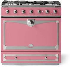 a pink stove top oven with two burners and one door on the front, against a white background