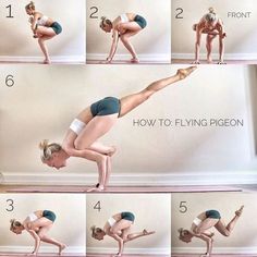 the woman is doing yoga poses on her stomach and knees, in several different positions