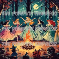 there are many disney princesses in the woods with pumpkins and jack - o'- lanterns