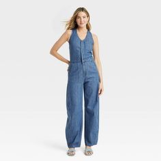 Women's Curved Leg Denim Jumpsuit - Universal Thread™ Medium Wash Cream Jumpsuit, Cargo Jumpsuit, Maxi Jumpsuit, Black Overalls, Short Sleeve Jumpsuits, Cotton Romper, White Halter Maxi Dress, Jumpsuit With Sleeves, Hem Style