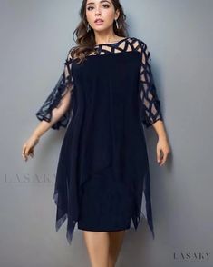 Lasaky - Elegant Chiffon Dress with Stylish Lace Patchwork, Seven-Quarter Sleeves, and Irregular Hem Knee-length Party Dress With Overlay, Flowy Party Dress With Overlay, Flowy Dress With Overlay For Parties, Flowy Overlay Dress For Party, Long Sleeve Dresses With Overlay For Summer, Irregular Skirt, Irregular Hem, Lace Patchwork, Pleated Maxi Dress