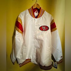 White/Red And Gold San Francisco 49ers Starter Jacket Size 2xl White Outerwear For Game Day In Winter, White Track Jacket For Fall Sports Events, White Winter Outerwear For Game Day, Throwback White Outerwear For Fall, White Winter Varsity Jacket For Sports, White Throwback Outerwear For Winter, White Varsity Jacket For Winter Sports, White Varsity Jacket For Game Day In Fall, White Varsity Jacket For Game Day In Winter