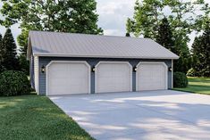 a three car garage is shown in front of some trees